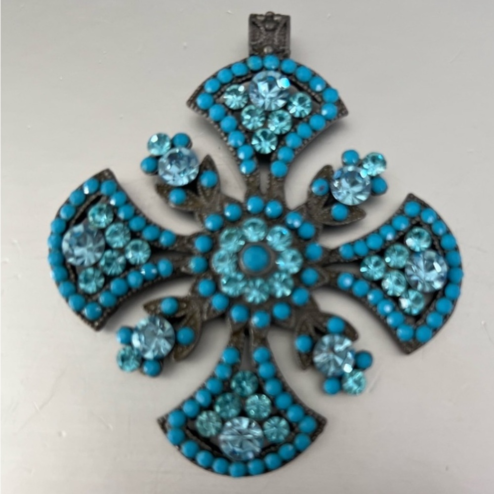 Vintage Ornate Turquoise Blue Rhinestone & Cabochon Cross Pendant